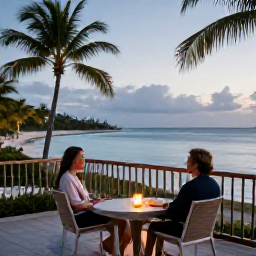Caribbean Holidays, Multi-Country Holidays, Couple enjoying a relaxed Caribbean evening on a balcony overlooking a calm sea and palm-fringed beach