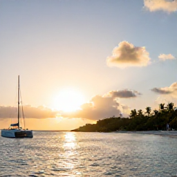 Caribbean Holidays, Multi-Country Holidays, Luxury catamaran sailing past Bequia and the Grenadine islands at sunset, with calm blue water and palm-fringed beaches