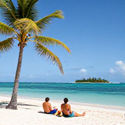 Caribbean Holidays, Multi-Country Holidays, Travellers relaxing on a white-sand Caribbean beach with palm trees, clear water and a small island in the distance