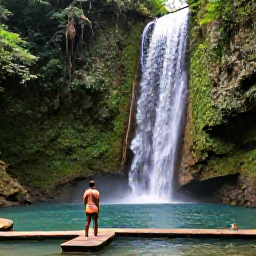 Caribbean Holidays, Multi-Country Holidays, Visitors exploring a lush Jamaican waterfall surrounded by tropical forest, with clear pools and wooden steps
