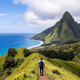 Caribbean Holidays, Nature Holidays, A hiker on a narrow green trail above the sea on Saba, with steep volcanic slopes, cloud forest and wide Caribbean views