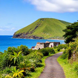 Caribbean Holidays, Nature Holidays, A peaceful coastal trail on Sint Eustatius with green hills, historic ruins, tropical vegetation and the blue Caribbean Sea