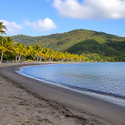 Caribbean Holidays, Nature Holidays, A quiet black sand beach on Saint Vincent with palm trees, calm blue water and forested hills in the background