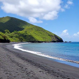 Caribbean Holidays, Nature Holidays, Dark volcanic sand beach on Saint Vincent bordered by green hills and calm turquoise Caribbean water