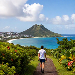 Caribbean Holidays, Nature Holidays, Hiker walking along a scenic green coastal trail above a blue Caribbean bay on Saint Martin