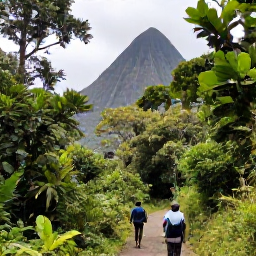 Caribbean Holidays, Nature Holidays, Hikers walking through tropical rainforest towards the dark volcanic cliffs and water of the La Soufri&egrave;re trail on Saint Vincent