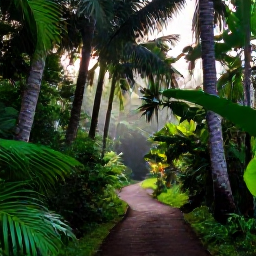 Caribbean Holidays, Nature Holidays, Lush rainforest trail on Saint Vincent with tall palms, tropical foliage and soft morning light