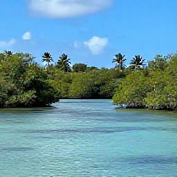 Caribbean Holidays, Nature Holidays, Quiet mangrove lagoon and salt pond surrounded by tropical vegetation on Saint Martin, with wading birds in the distance