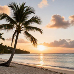 Caribbean Holidays, Nature Holidays, Relaxed traveller enjoying a quiet palm-fringed beach and warm Caribbean sea on Saint Martin at sunset