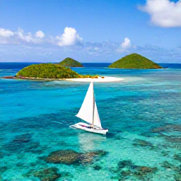 Caribbean Holidays, Nature Holidays, Traditional sailing boat travelling between the Grenadine islands, with clear turquoise water, small green islands and coral reefs visible below