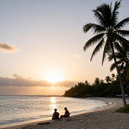 Caribbean Holidays, Nature Holidays, Travellers enjoying a quiet sunset beside the Caribbean Sea, with a natural shoreline, soft evening light and silhouettes of tropical vegetation