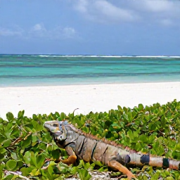 Caribbean Holidays, Nature Holidays, Turks and Caicos rock iguana resting among low green vegetation on a quiet island cay