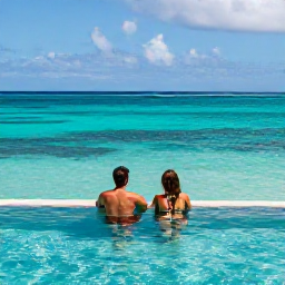 Caribbean Holidays, November Adults Only, A couple relaxing beside an infinity pool overlooking the turquoise sea in Turks and Caicos during November