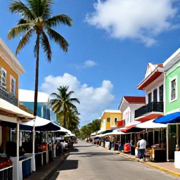Caribbean Holidays, November Adults-Only Holidays, Adults exploring a colourful Caribbean town in November, local market, colonial buildings, palm trees and bright island atmosphere