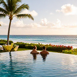 Caribbean Holidays, November Adults-Only Holidays, Couple relaxing beside an infinity pool at an adults-only Caribbean resort, ocean view, tropical gardens and late afternoon light