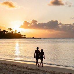 Caribbean Holidays, November Adults-Only Holidays, Couple walking along a Caribbean beach at sunset in November, calm water, golden sky and relaxed tropical scenery
