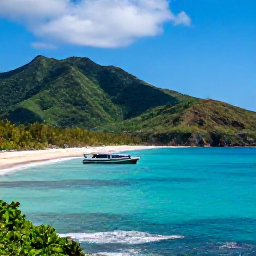Caribbean Holidays, November Adventures, A colourful Caribbean island coastline in November, with turquoise sea, green hills and a small adventure boat near shore