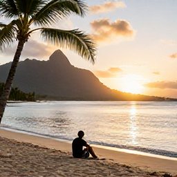 Caribbean Holidays, November Adventures, A relaxed Caribbean beach at sunset with an adventure traveller sitting near the water, palms and mountains in the background