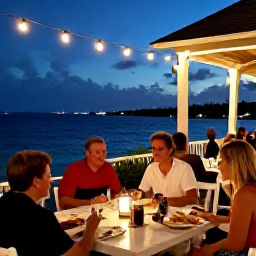 Caribbean Holidays, November Adventures, Friendly travellers enjoying a waterside restaurant and evening lights in Providenciales, Turks and Caicos
