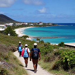 Caribbean Holidays, November Adventures, Hikers walking a scenic coastal trail on Saint Martin, overlooking Caribbean beaches and turquoise bays
