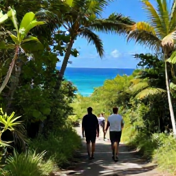 Caribbean Holidays, November Adventures, Hikers walking a scenic coastal trail through tropical forest on St John, with bright Caribbean sea in the background