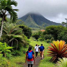 Caribbean Holidays, November Adventures, Hikers walking through lush forest on the slopes of Mount Liamuiga, Saint Kitts, with misty volcanic scenery and tropical plants