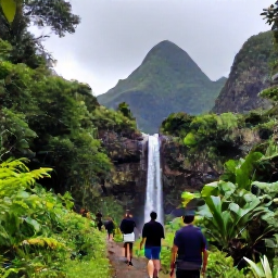 Caribbean Holidays, November Adventures, Hikers walking through lush rainforest on Saint Vincent towards a waterfall, with volcanic mountains and tropical vegetation