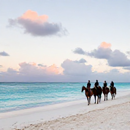 Caribbean Holidays, November Adventures, Horse riders travelling along a wide white beach beside calm turquoise sea at sunset in the Turks and Caicos