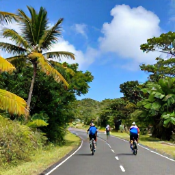 Caribbean Holidays, November Adventures, Mountain bike riders travelling along a scenic road in Sint Maarten, with tropical vegetation and a bright Caribbean sky