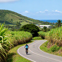 Caribbean Holidays, November Adventures, Mountain biking on a scenic road in Saint Kitts, with sugar cane fields, green hills and the Caribbean Sea in the distance