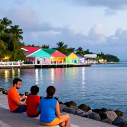 Caribbean Holidays, November Adventures, Relaxed evening in a Saint Vincent and the Grenadines village, with travellers enjoying local food beside a colourful waterfront