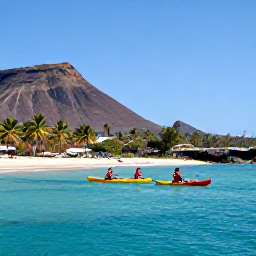 Caribbean Holidays, November Adventures, Sea kayakers paddling along the clear coastline of Nevis, with volcanic slopes, palm trees and calm Caribbean water