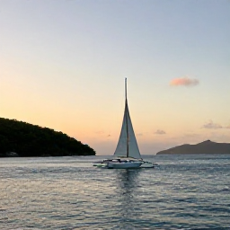 Caribbean Holidays, November Adventures, Traditional sailing yacht travelling between the islands of the British Virgin Islands at sunset, with calm sea and green shorelines