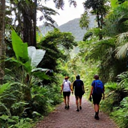 Caribbean Holidays, November Adventures, Travellers hiking through a lush Caribbean rainforest on a marked trail, with waterfalls, tropical plants and distant mountains