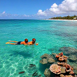 Caribbean Holidays, November Adventures, Travellers snorkelling in clear turquoise water near the Tobago Cays, with coral reefs, tropical fish and a sandy island in the background