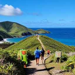 Caribbean Holidays, November Adventures, Visitors hiking a scenic coastal trail on Tortola, British Virgin Islands, with green hills, ocean views and clear November sunshine