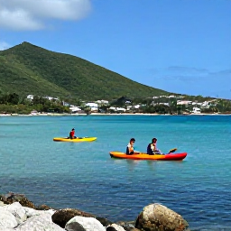Caribbean Holidays, November Adventures, Visitors kayaking through calm turquoise water along the rocky coast of Saint Martin, with green hills in the background