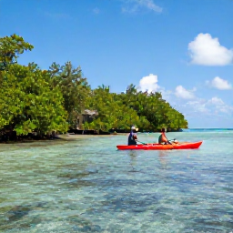 Caribbean Holidays, November Adventures, Visitors kayaking through clear shallow water beside mangroves under a sunny Caribbean sky