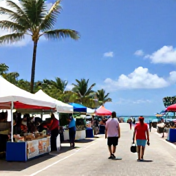 Caribbean Holidays, November All Inclusive, A colourful Caribbean market and waterfront street in November, with local food stalls, music, palm trees and visitors exploring the island