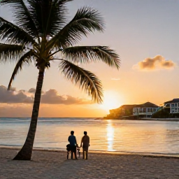 Caribbean Holidays, November All Inclusive, A couple watching a golden Caribbean sunset from a quiet beach, with palm silhouettes, calm sea and a comfortable all-inclusive resort in the background