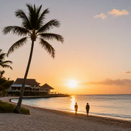 Caribbean Holidays, November All Inclusive, A couple watching a golden sunset from an Antigua beach beside an all-inclusive resort, palm silhouettes and calm sea