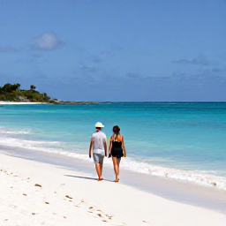 Caribbean Holidays, November All Inclusive, A relaxed couple walking along a bright white sandy beach in Antigua in November, calm turquoise sea and blue sky