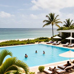 Caribbean Holidays, November All Inclusive, An elegant all-inclusive Caribbean resort overlooking a calm beach, with a pool, loungers, tropical gardens and guests enjoying a November holiday