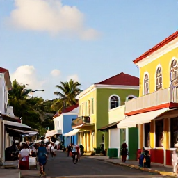 Caribbean Holidays, November All Inclusive, Colourful historic buildings and a small market street in St John's Antigua, with visitors exploring in warm November sunshine