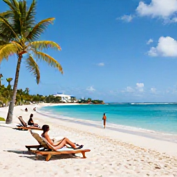 Caribbean Holidays, November All Inclusive, Visitors enjoying a quiet white sand beach and gentle turquoise water in Antigua, with sun loungers and palm trees