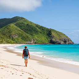 Caribbean Holidays, November Backpacking, A backpacker walking along a quiet tropical beach on Saint Vincent with green hills and turquoise sea