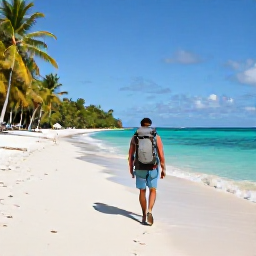 Caribbean Holidays, November Backpacking, A backpacker with a small rucksack walking along a quiet tropical beach in Grenada during November, with turquoise water and palm trees