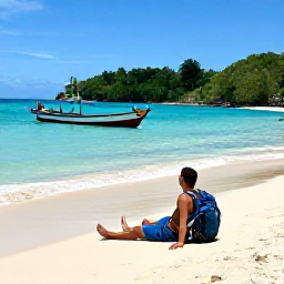 Caribbean Holidays, November Backpacking, Backpacker relaxing on a sandy beach in Tobago near colourful fishing boats, clear turquoise water and tropical vegetation
