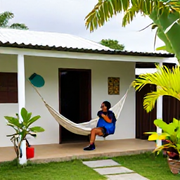 Caribbean Holidays, November Backpacking, Backpacker staying in a simple Caribbean guesthouse courtyard with hammocks, tropical plants and colourful local details