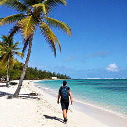 Caribbean Holidays, November Backpacking, Backpacker walking along a quiet Caribbean beach in November, with palm trees, turquoise water and a small travel rucksack
